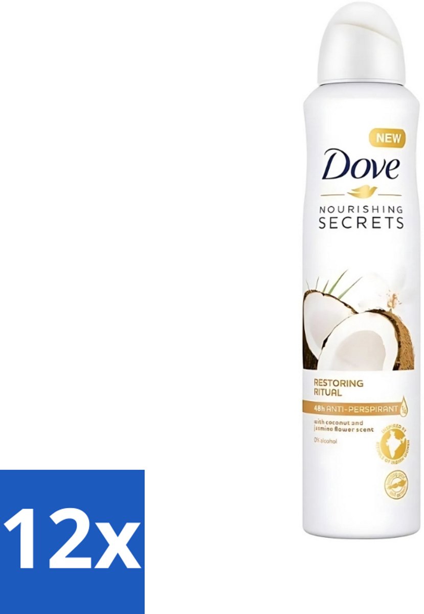 12 x Dove - Deodorant - Coconut & Jasmine Flower - Tropisch en verzorgend - 250 ml - Dove Deodorant Spray - Kokos En Jasmijn - Anti-transpirant Spray - Zachte Oksels - Geur Van Kokos En Jasmijn