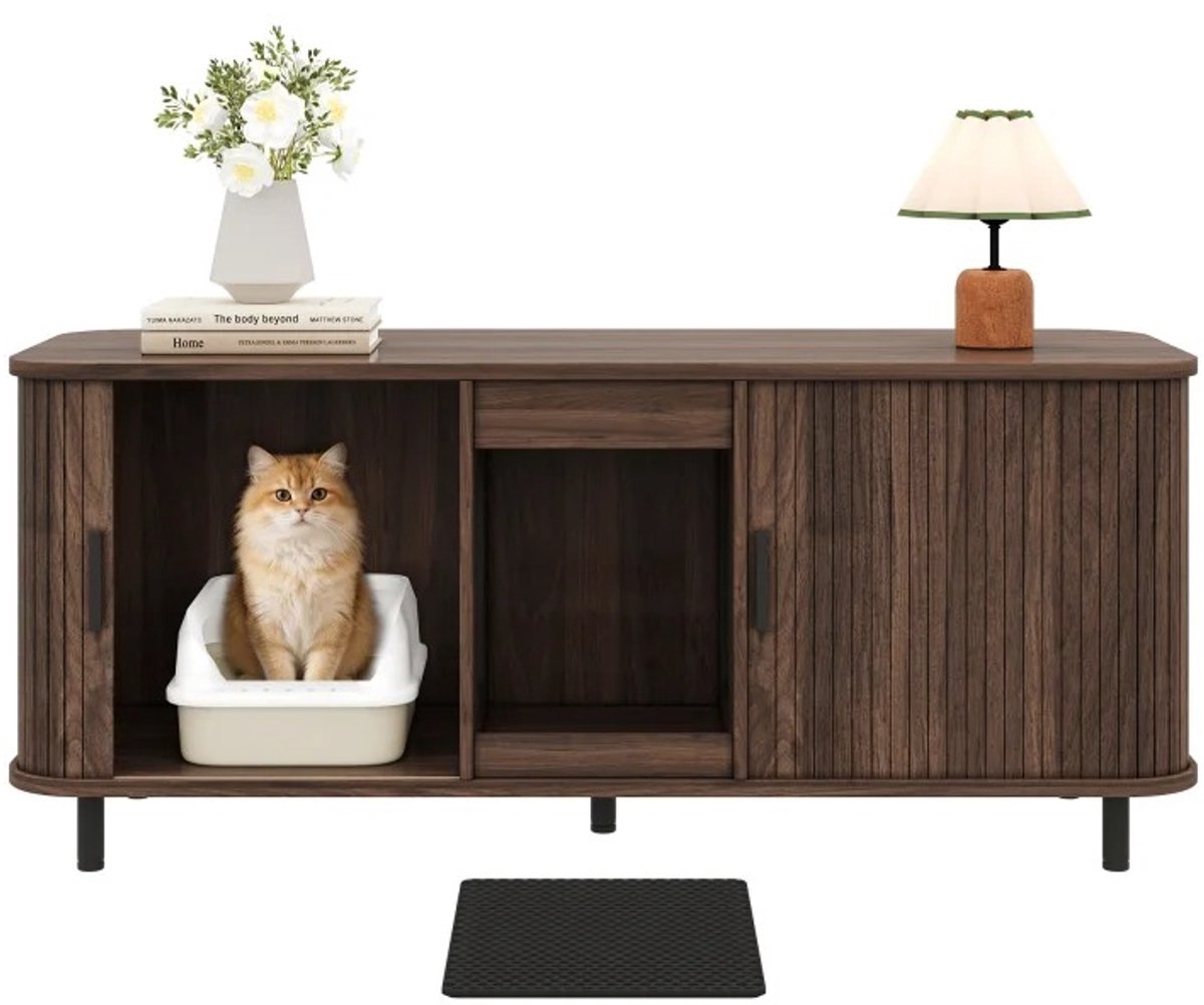 Emvae Kattenbak kast - Verborgen Kattenbakmeubel - Voor 2 Kattenbakken - Met Schuifdeuren - 140 x 50 x 60 cm - MDF - Walnoot