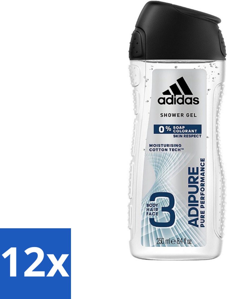 12 x Adidas - 3-in-1 Douchegel - Adipure Pure Performance - Huidvriendelijk - 0% Zeep Kleurstof - 250 ml - Adidas Adipure Douche & Shampoo - 0% Zeep - Huidvriendelijk - Lichaam En Haar Verzorging - Dermatologisch Getest