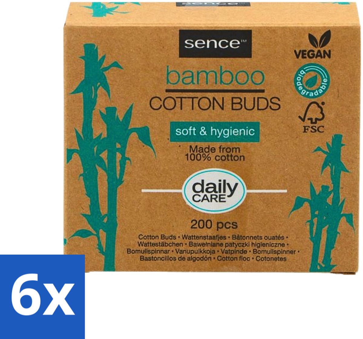 6 x Sence - Bamboe - Wattenstaafjes - Afbreekbaar & Vegan - 200 Wattenstaafjes - Bamboe Wattenstaafjes - Vegan Wattenstaafjes - Biologisch Afbreekbaar - Katoen Wattenstaafjes - Duurzame Verzorging
