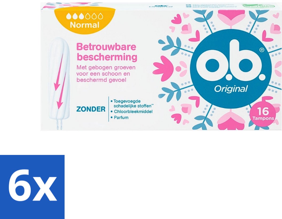6 x o.b. Tampons - Original Normal - Voor Comfort en Betrouwbare Bescherming - 16 Tampons - Tampons - Menstruatiebescherming - Plantaardige Tampons - Chloorvrije Tampons - Parfumvrije Tampons