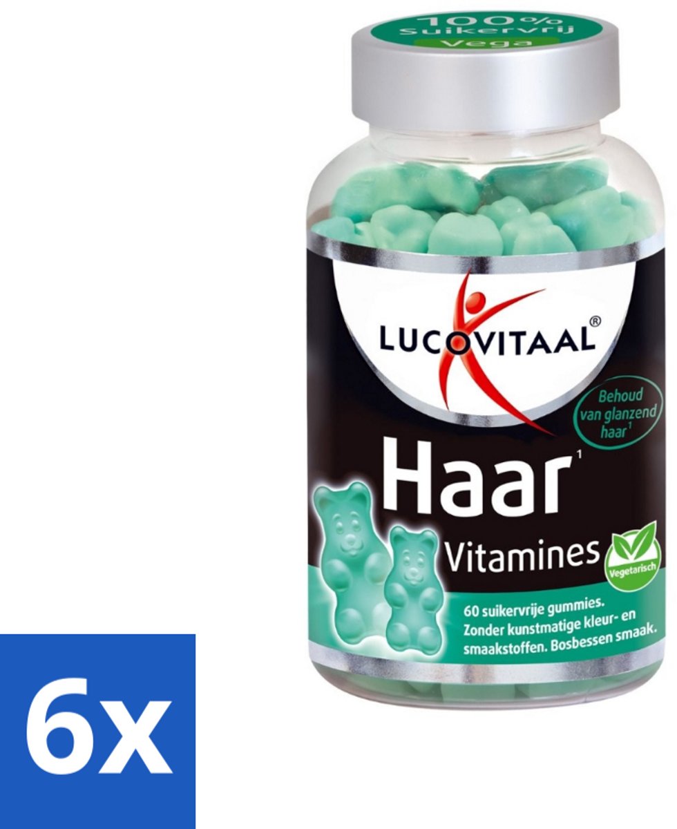 6 x Lucovitaal - Supplement - Haar Vitamines - Suikervrij - Bosbessen Smaak - 60 Gummies - Haar Vitamines - Haar Gummies - Biotine - Zink - Suikervrije Gummies