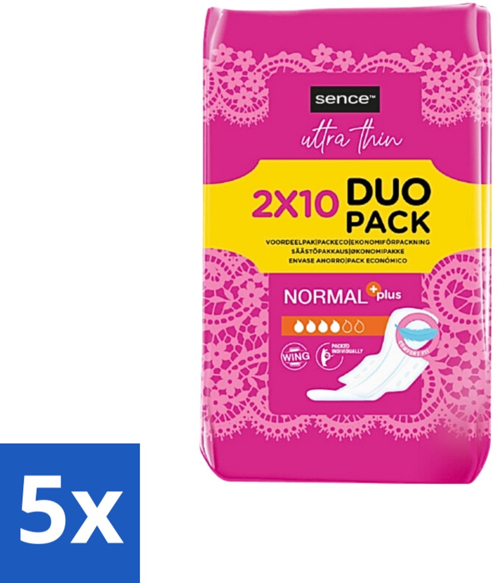 5 x Sence - Normaal - Maandverband - Zonder Vleugels - 2 x 10 Maandverbanden - Maandverband - Menstruatie - Normale Menstruatie - Zonder Vleugels - Discreet