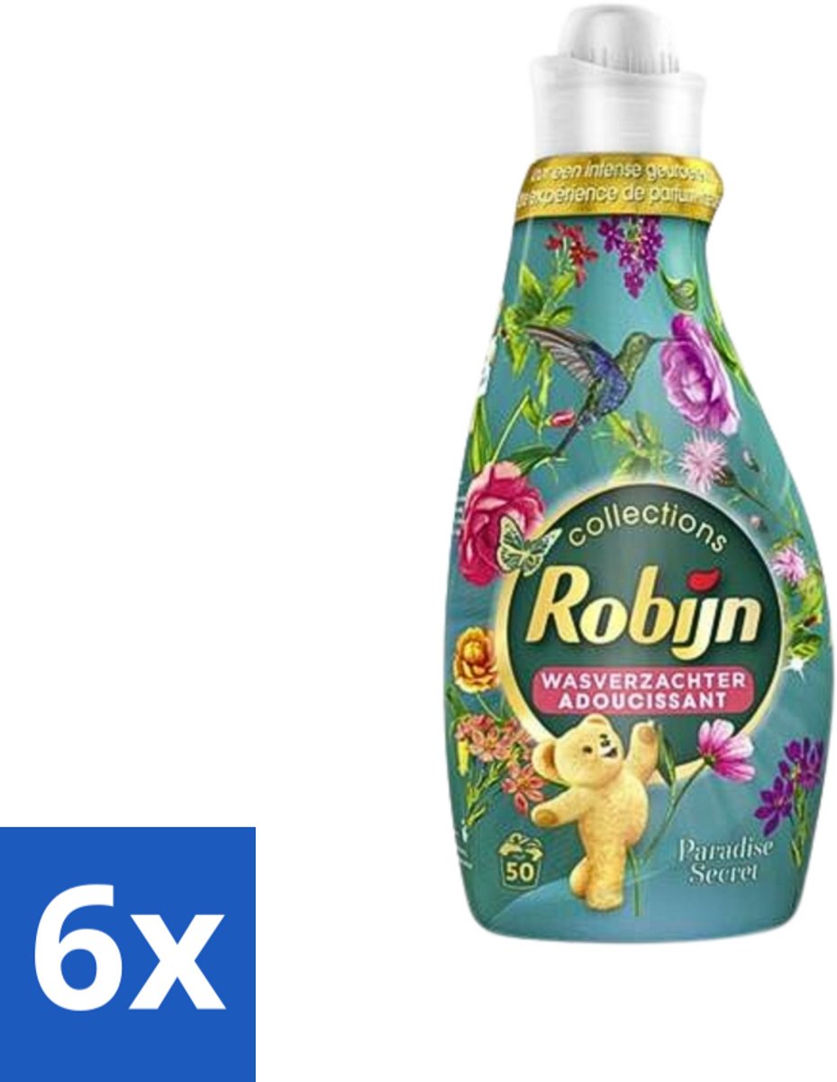 6 x Robijn Collections - Wasverzachter - Paradise Secret - 1,25L - 50 Wasbeurten - Wasverzachter - Wasparfum - Zijdezacht - Luxe Was - Botanische Wasverzachter