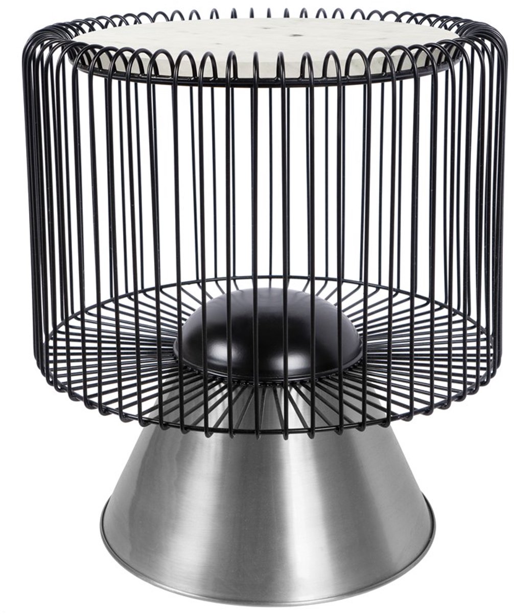 Padiro ronde bijzettafel Ø 51 x 56,5 cm - wit, zwart en zilver - Modern Art-Déco Glamour Look - met marmerenpatroon - ijzeren onderstel
