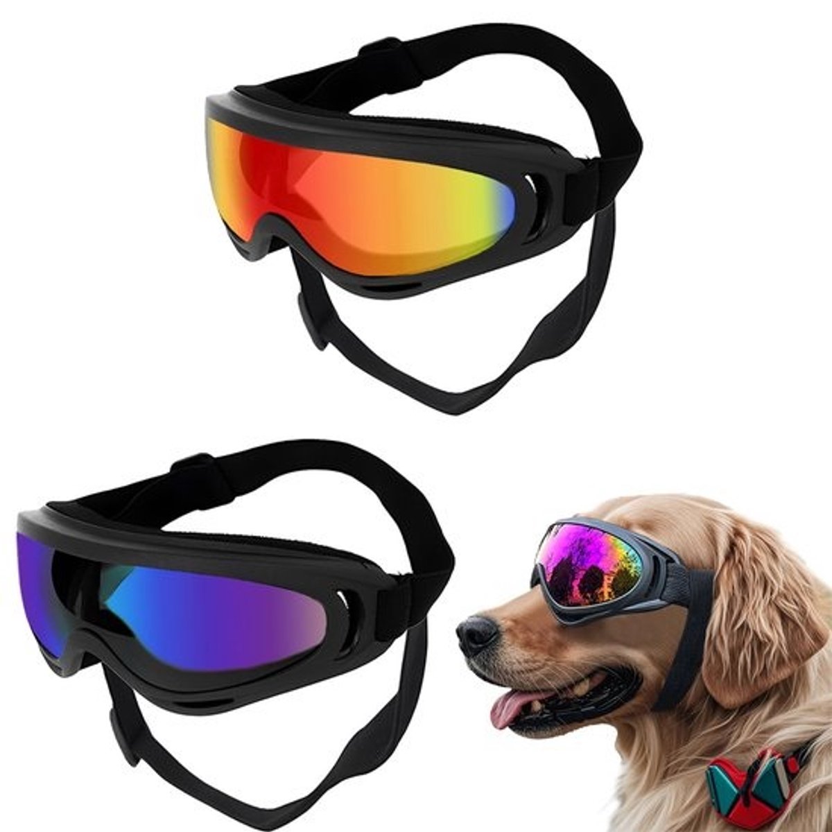 Dailygoods- Zonnebril Honden UV-bescherming - Winddicht - Verstelbare Riem - 2 Stuks - Hoogwaardig Kunststof - Comfortabele Pasvorm - Hondenzonnebril