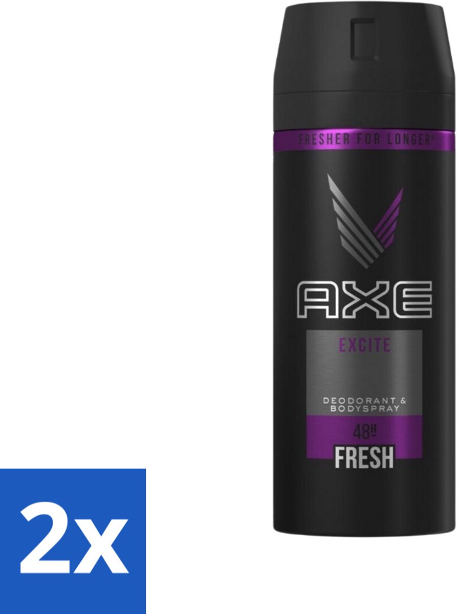 2 x Axe - Deodorant Bodyspray - 48hrs Fresh - Excite - 150 ml - Axe Deodorant - Deodorant Spray - 48 Uur Fris - Kokosnoot Geur - Zwarte Peper Geur