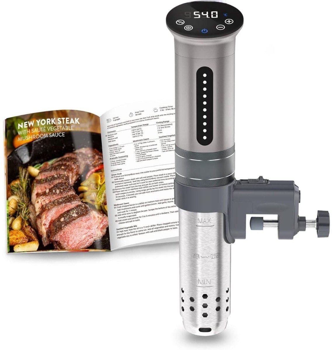 Klarven® Sous Vide Stick - Precisiekoker 1100W met 360° Circulatie - Nauwkeurig ±0,1°C, LED-touchdisplay, Waterdicht IPX7 - Zilver H 38 x B 8 x D 6 cm