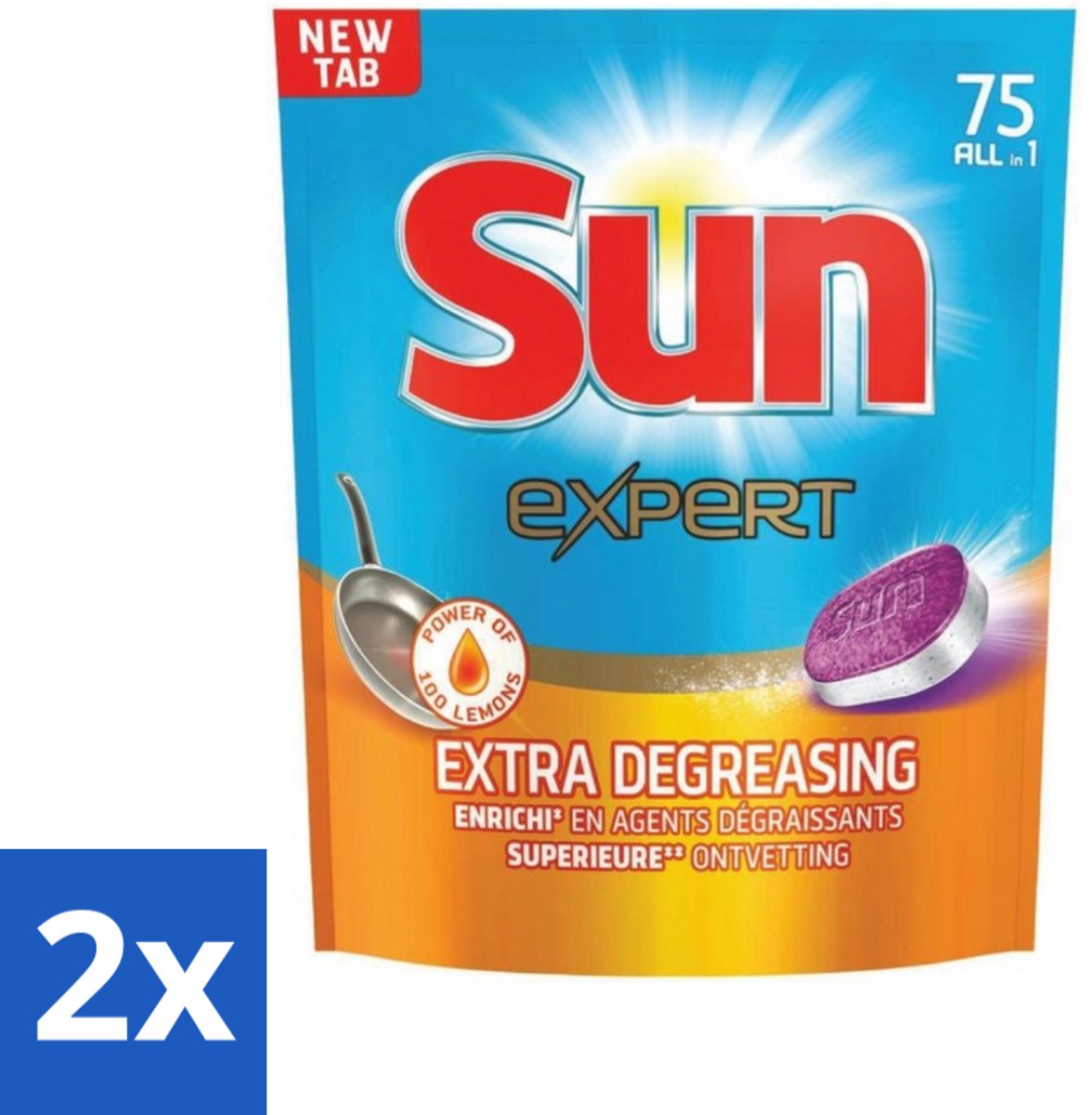 2 x Sun Expert - All-in-1 - Vaatwastabletten - Extra Ontvettend - 75 Tabletten - Vaatwastabletten - Vaatwasser - Ontvettende - Vaatwasmiddel - Spoelglans
