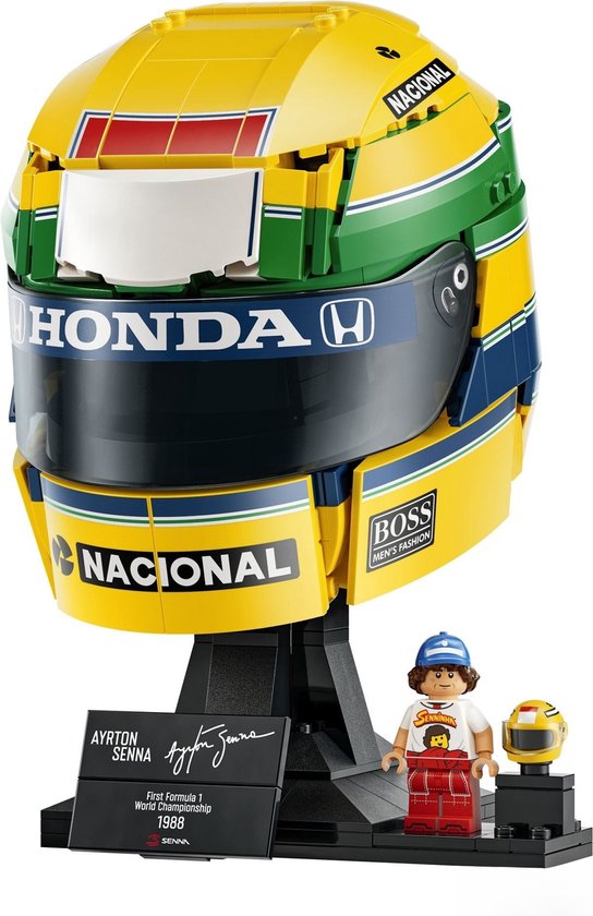 Gele LEGO helm met blauwe, groene en rode strepen, "HONDA" en "NACIONAL" logo's. Met minifiguur en displaystandaard.