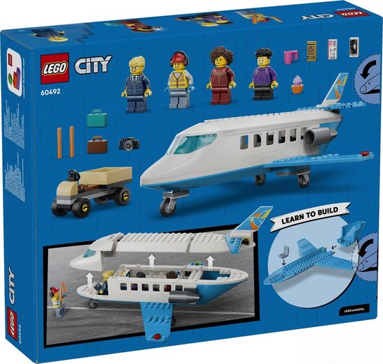 LEGO City Passagierstoestel speelgoeddoos, met vliegtuig, figuren, bagagewagen en accessoires.