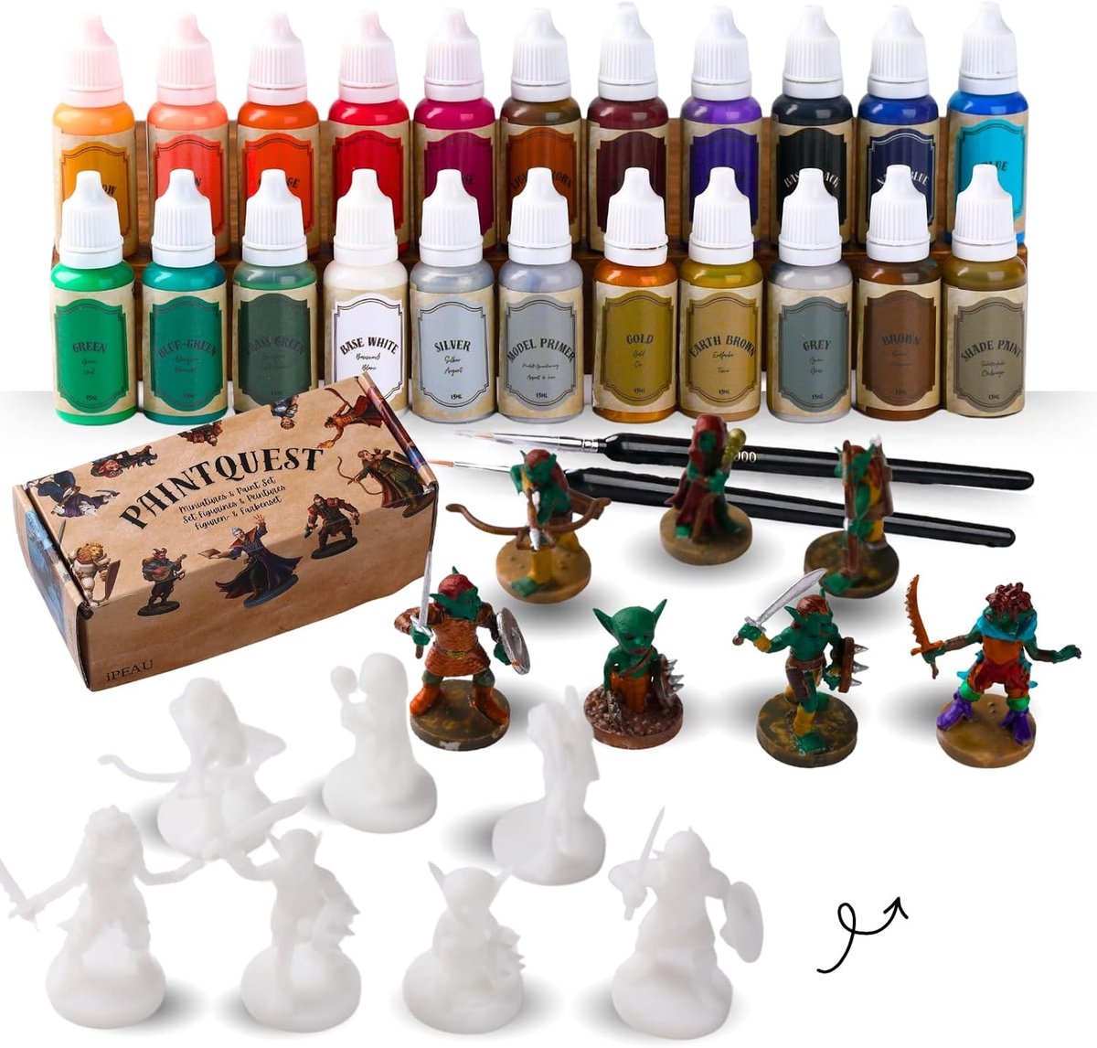 Miniature Verfset voor Beginners - 22 Waterbasis Modelverf in Metallic Kleuren met Primer voor DND en WH40K Figuren, Perfect Cadeau voor Starters met 7 TTRPG Goblin Figuren