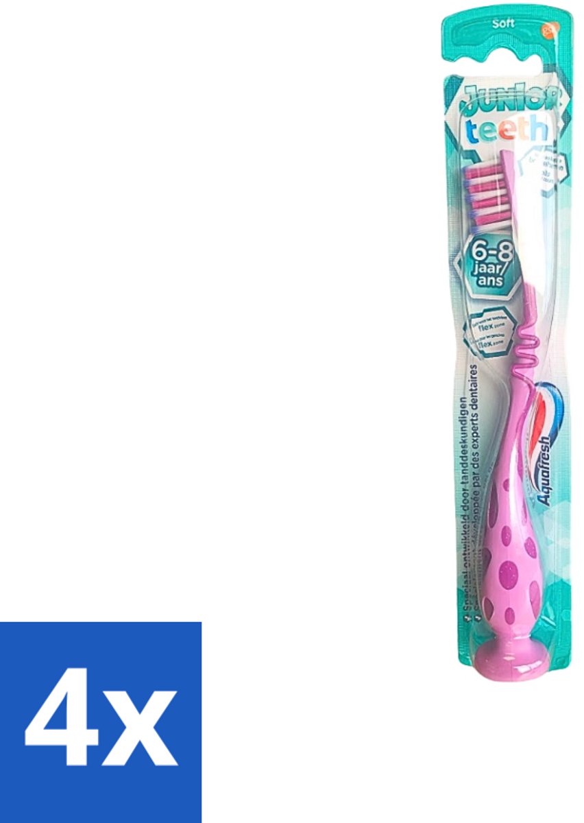4 x Aquafresh - Junior Teeth Tandenborstel - 6-8 Jaar - Cool Ontwerp - 1 Stuk - Tandenborstel Voor Kinderen - Tandenborstel 6-8 Jaar - Kinder Tandenborstel - Tandenpoetsen - Aquafresh