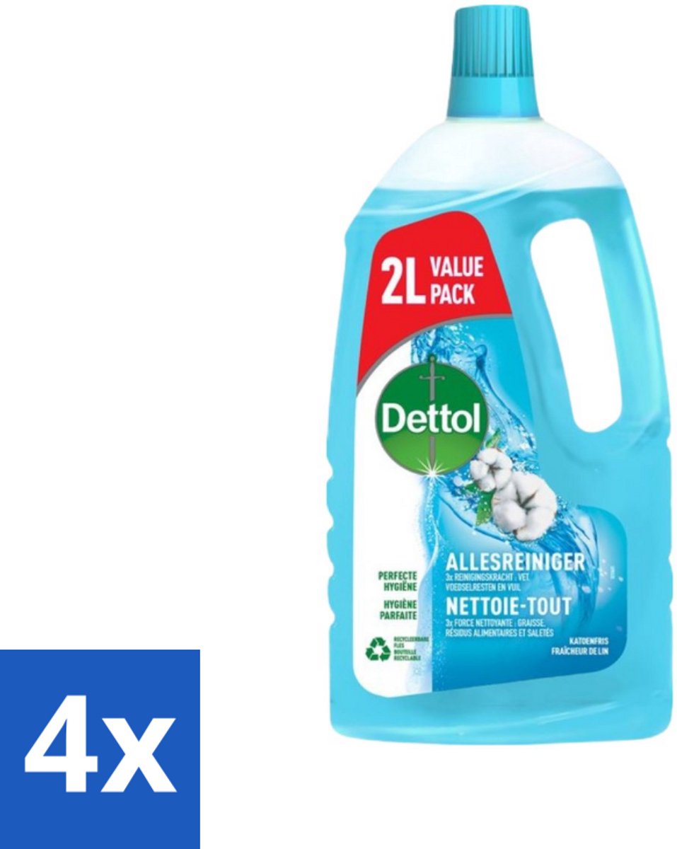 4 x Dettol - Allesreiniger - Katoenfris - Perfecte Hygiëne - 2L - Allesreiniger - Schoonmaakmiddel - Hygiëne - Katoenfris - Keukenreiniger