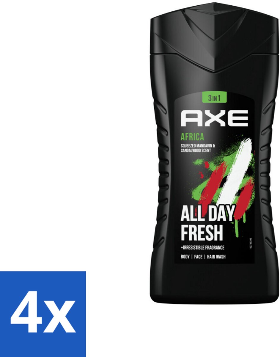4 x Axe - 3-in-1 Douchegel - Africa - Squeezed Mandarin & Sandalwood - 12hrs Long Lasting Scent - 250 ml - Douchegel - Axe - 3-in-1 - Mandarijn - Sandelhout