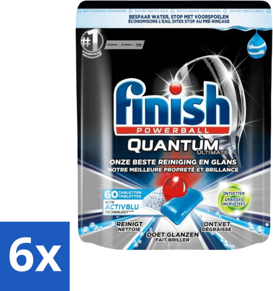6 x Finish Powerball - Quantum Ultimate - Vaatwastabletten - Ontvetter - 60 Tabletten - Vaatwastabletten - Vaatwasser Tabletten - Ontvetter - Diepe Reiniging - Quantum Technologie