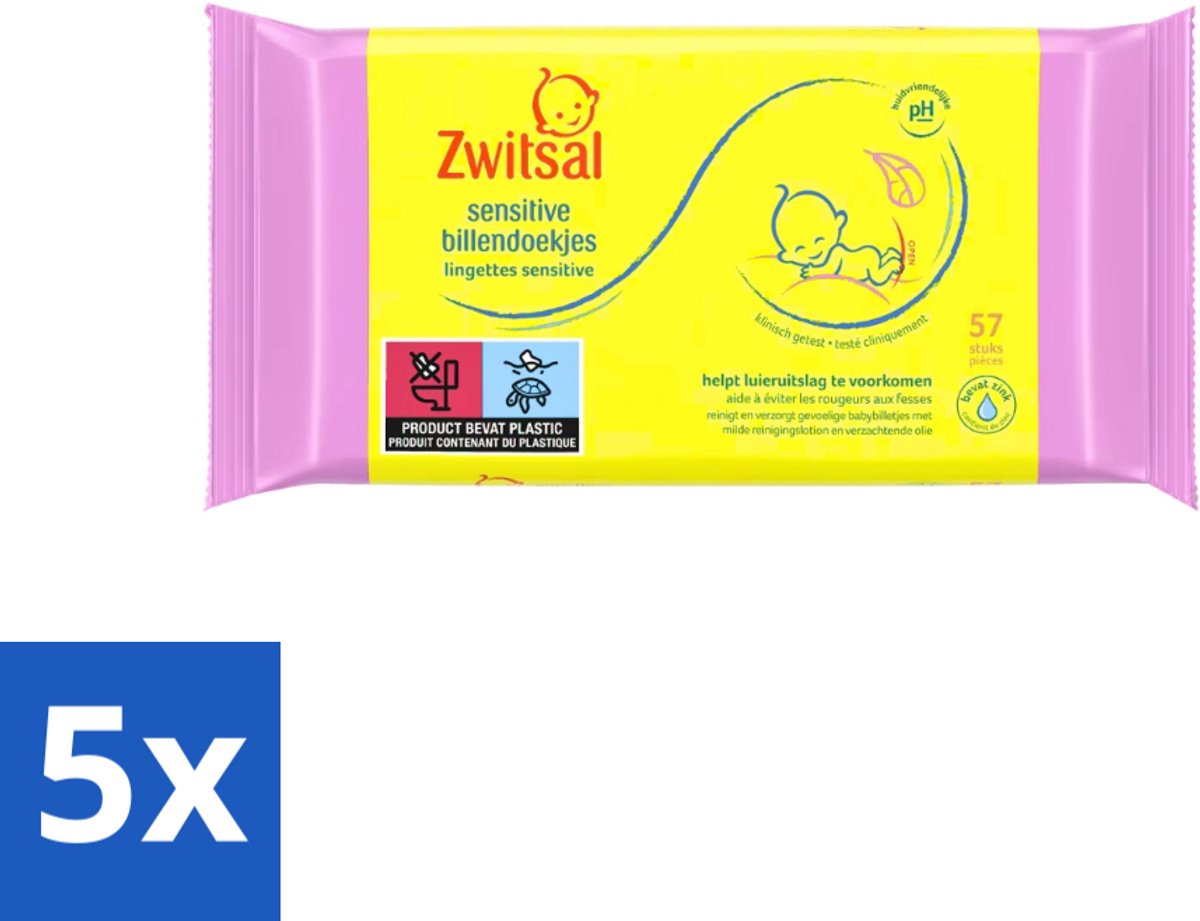 Zwitsal - Babyverzorging - Billendoekjes Sensitive - Voor de Gevoelige Babyhuid - 57 Doekjes - Bulkverpakking - 5 stuks