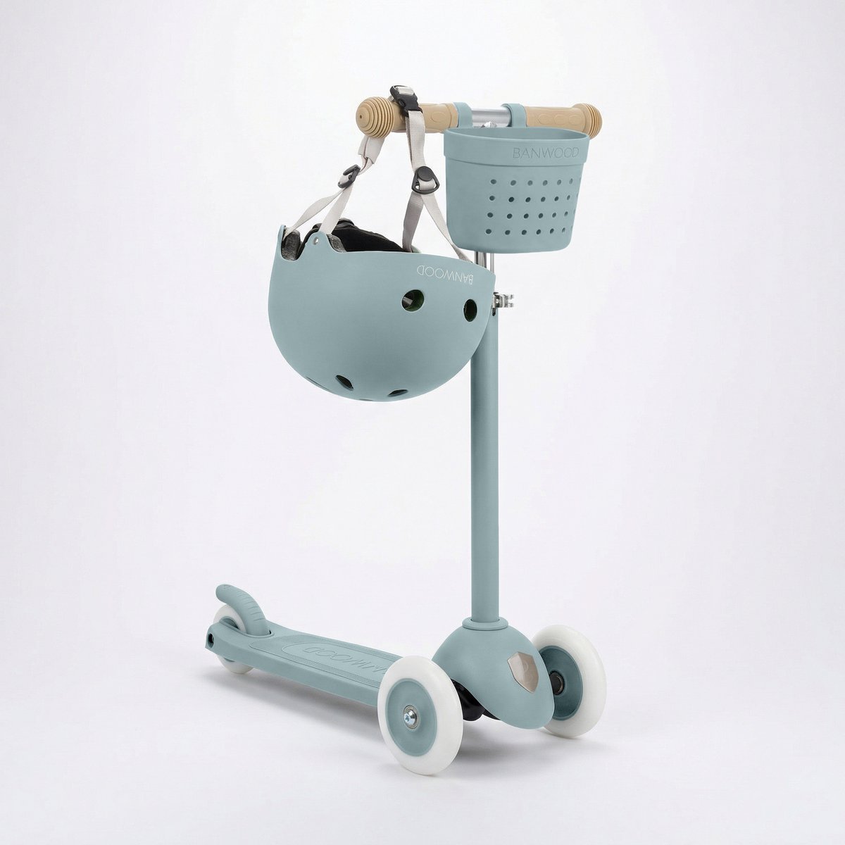 Banwood Eco Scooter + Basket + Eco Fietshelm - Teal - kinderstep - kinder helm - voordeelset