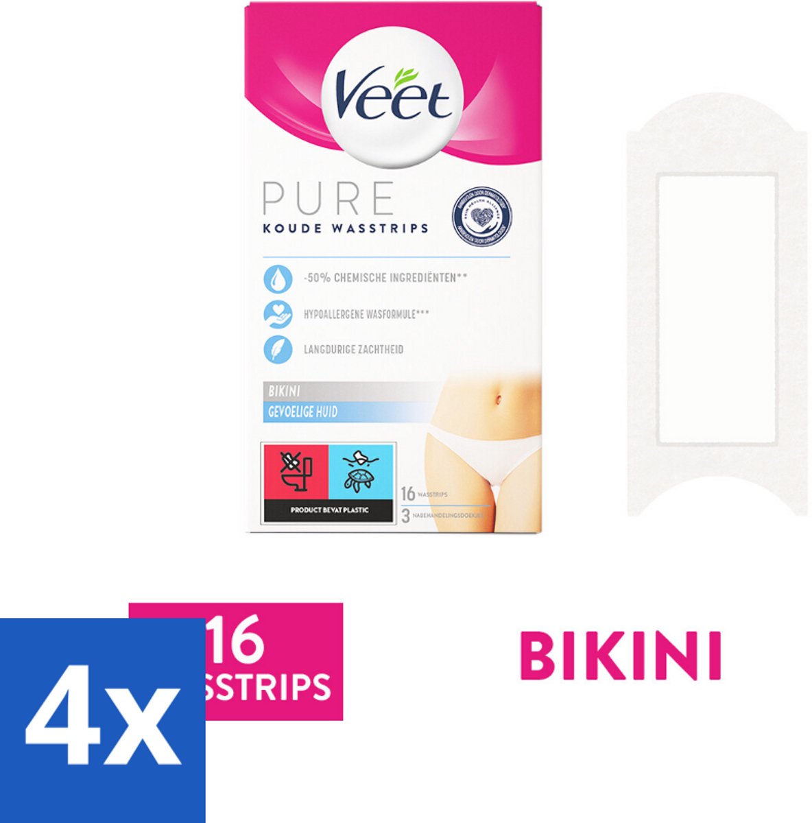 Veet Ontharingsstrips Bikinilijn Pure Gevoelige Huid 16 stuks per verpakking - Voordeelverpakking - 4 stuks