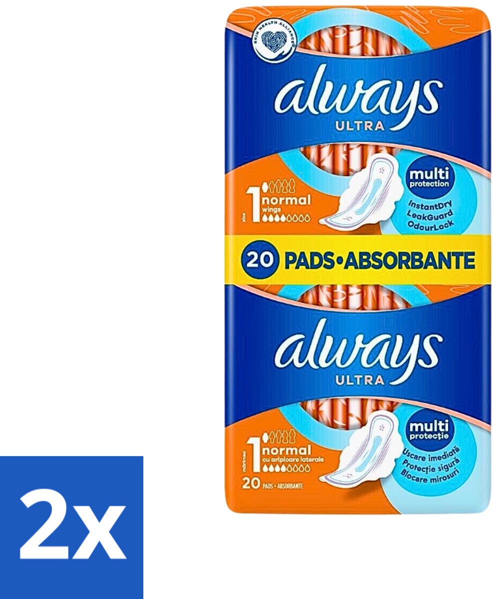 2 x Always Ultra - Maandverband - Met Vleugels - Duo Verpakking - 20 Maandverbandjes - Maandverband - Maandverband Met Vleugels - Always Ultra - Incontinentie - Hygiëne