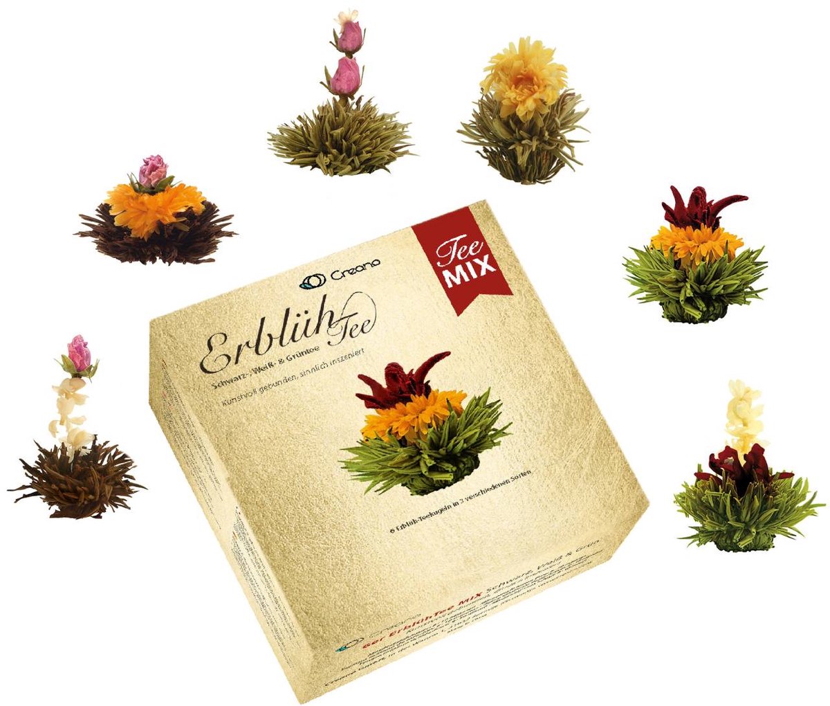 Creano theebloemen mix - 6 stuks bloementhee witte, groene & zwarte thee, theebloem, Blooming Tea, cadeau voor vrouwen
