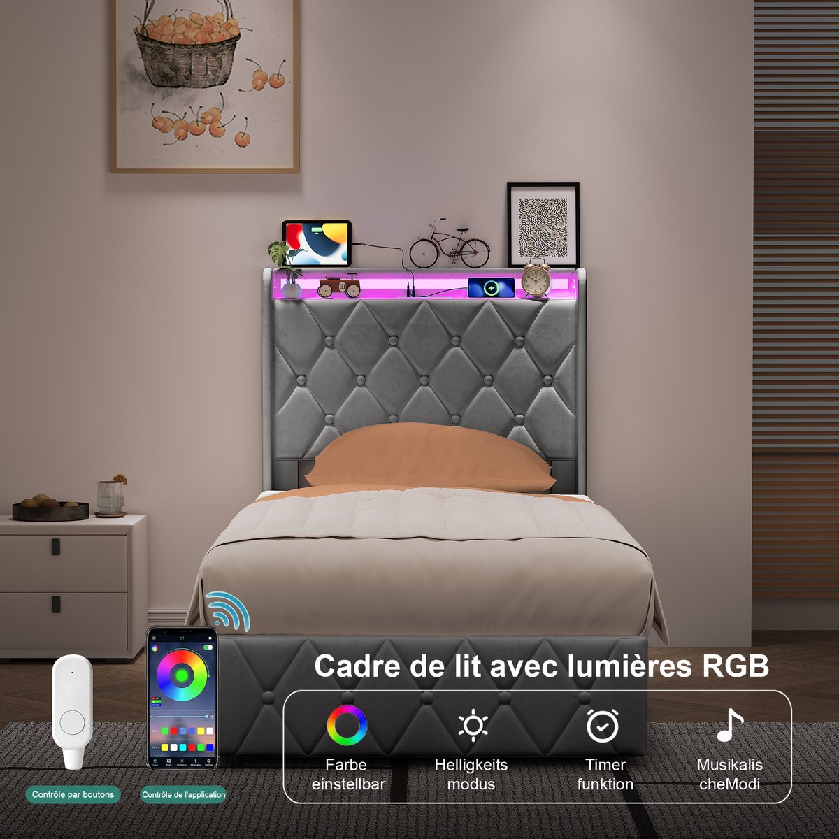Gestoffeerd Bed 90 x 200 cm , Hoofdbord met LED-verlichting, USB-oplaadfunctie , Lattenbodem, Eenpersoonsbed met Opbergruimte, Fluweel, zonder matras, Grijs