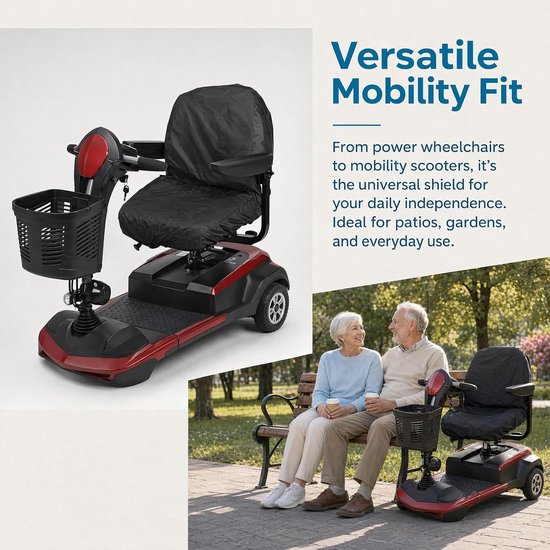 Zwarte scootmobielhoes op een scootmobiel in een tuin, en een stel op een bankje met een scootmobiel.