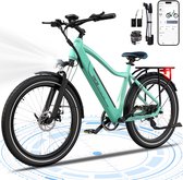 Lichtgroene RCB elektrische fiets met donkerblauwe accenten, bagagedrager, schijfremmen en een display. 'RCB ROCK OUR LIFE G5'.