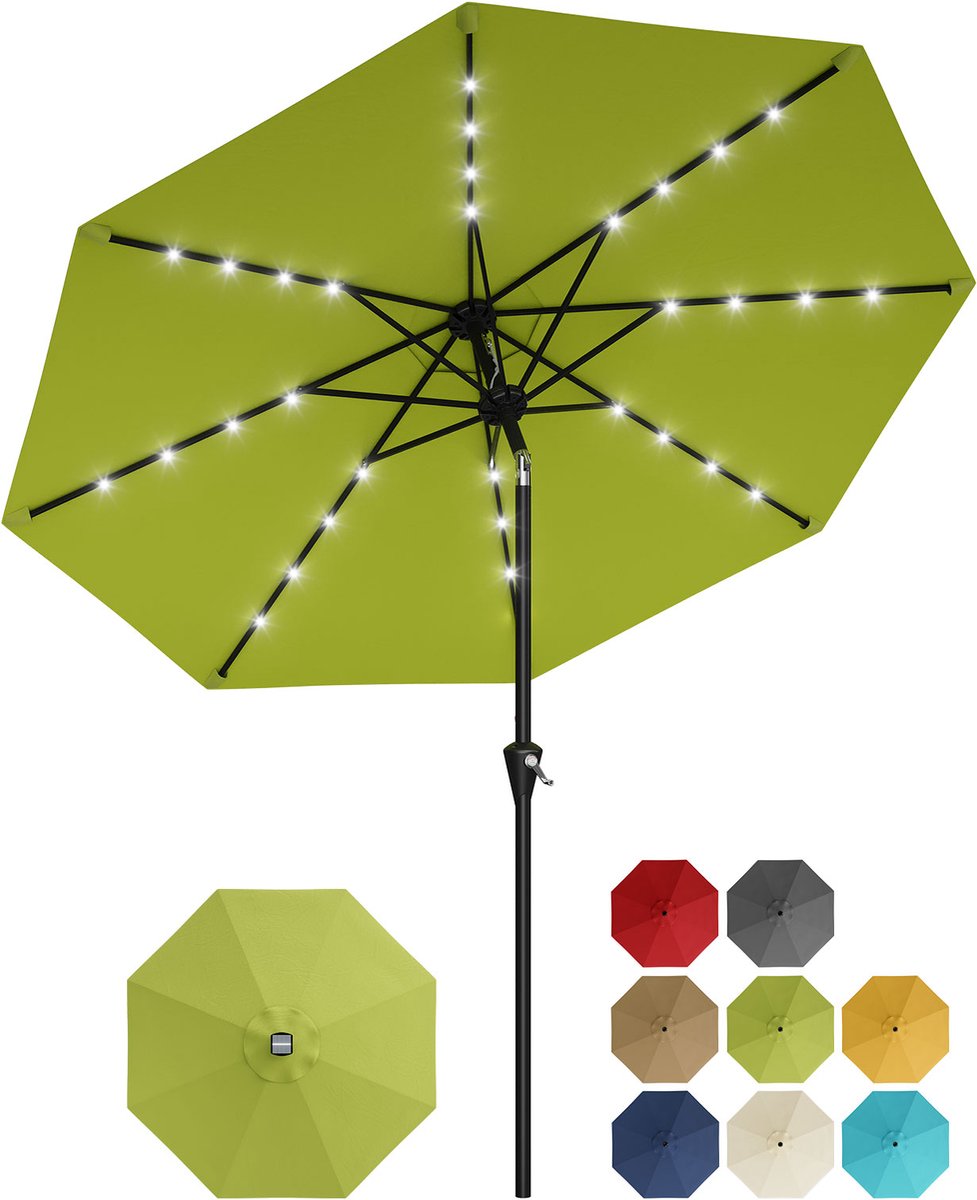 Parasol met Solar LED-Verlichting - 270x270x236cm - Tuinparasol Zonder Voet - Grote Tafelparasol - Kantelbaar met Drukknop - 8 Stevige Ribben - Voor Tuin Terras Zwembad - Groen