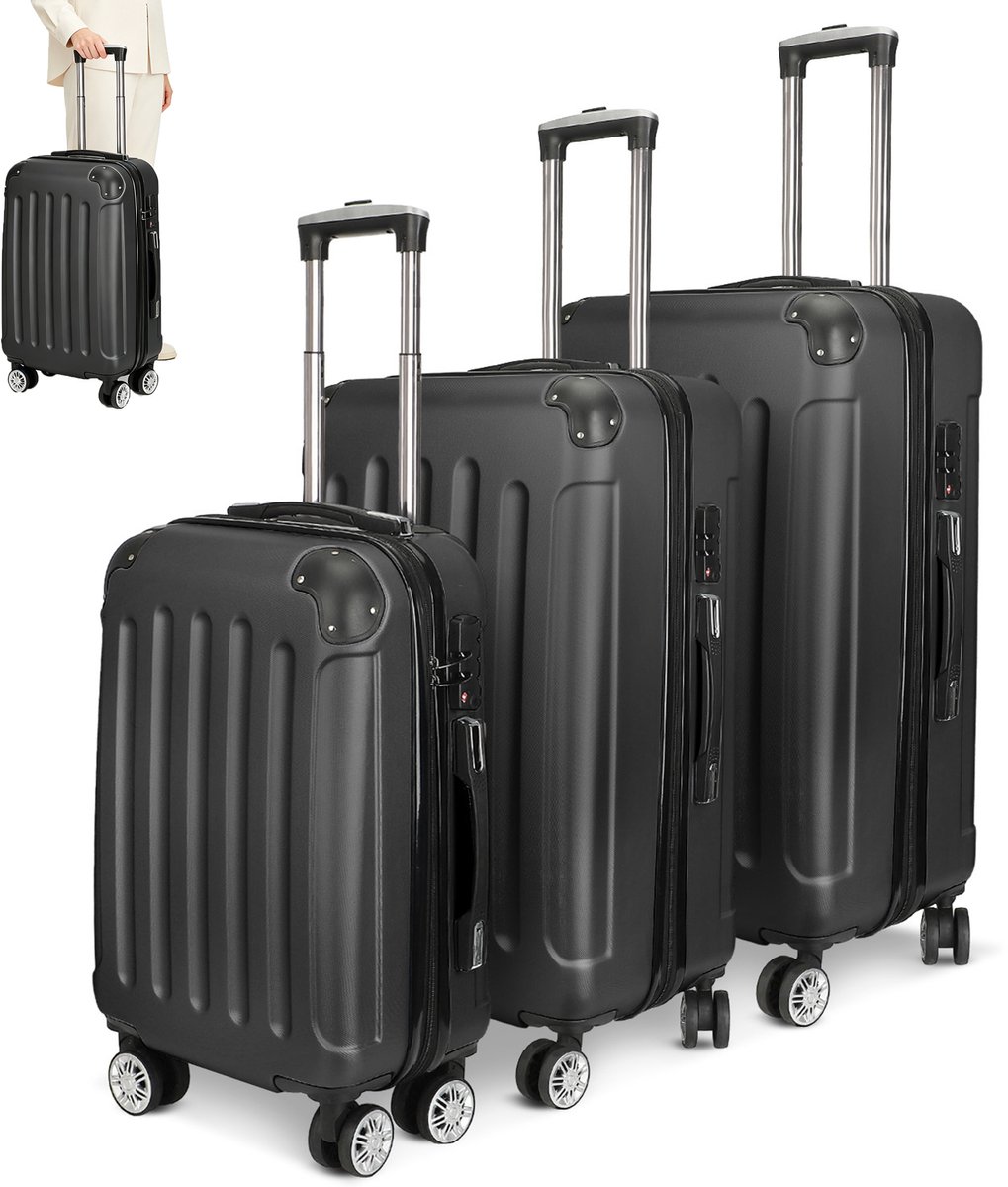 3 stuks - Koffer - Reiskofferset - ABS Reiskofferset - Harde koffers - Zwarte Harde Koffers met Stille 360° Wielen Cijferslot & Uitschuifbare Telescoopgreep - Handbagage & Incheckkoffer voor Vakantie en Zakenreis