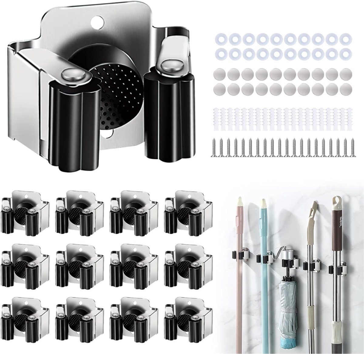 DYVNS® Bezemhouder - Gereedschapshouder - Ophangsysteem bezem - Wandhouder tuingereedschap - 12 Stuks