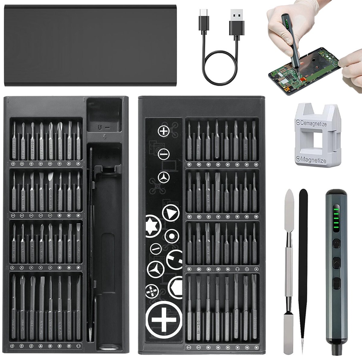 68-in-1 precisie-elektrische schroevendraaierset - elektrische schroevendraaierset - met LED-verlichting en magnetische bits - oplaadbaar - inclusief opbergkoffer - zwart