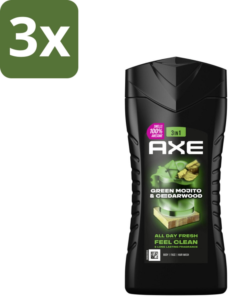 Axe - 3-in-1 Douchegel - Wild Mojito & Cedarwood - 12hrs Long Lasting Scent - 250 ml - Bulkverpakking - 3 stuks