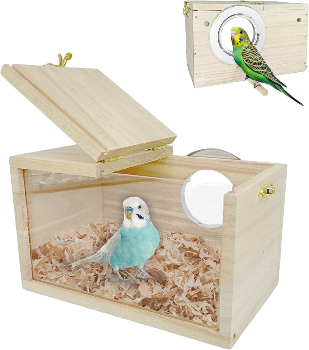 Transparant Design Vogelhuisje van Natuurlijk Hout voor Wellensittichen en Papegaaien - Ideaal voor Broeden en Nestelen, Geschikt voor Lovebirds en Sittich