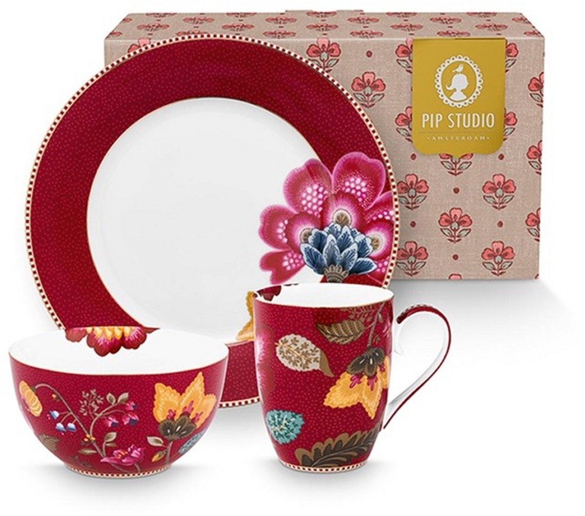 Pip studio-Ontbijtset 3 delig-Blooming Tales Dark Red-Porselein