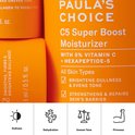 Detail van Paula's Choice C5 Super Boost Moisturizer oranje flacons. Tekst: 'SMOOTHS, FIRMS & BRIGHTENS DULLNESS', '50 ml / 0.5 fl. oz.'. Vier iconen: zon, cactus, weegschaal, arm.