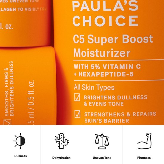 Detail van Paula's Choice C5 Super Boost Moisturizer oranje flacons. Tekst: 'SMOOTHS, FIRMS & BRIGHTENS DULLNESS', '50 ml / 0.5 fl. oz.'. Vier iconen: zon, cactus, weegschaal, arm.