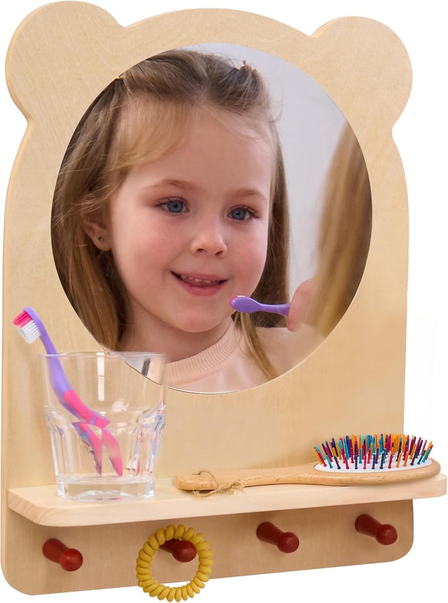 SnelShoppen - Montessori Badkamerspiegel met Haak en Opbergruimte | Kinderspiegel voor Zelfstandigheid | Badkamermeubels voor Kinderen | Spiegel met P
