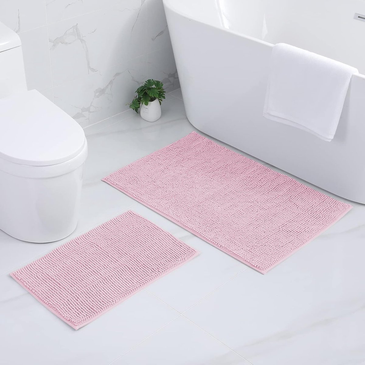 SnelShoppen - Chenille Badkamerteppich Set 2-delig, Antislip Badmat, Zacht en Absorberend, Wasbare Badkleed 40 x 60 cm + 60 x 90 cm, Roze voor Badkame