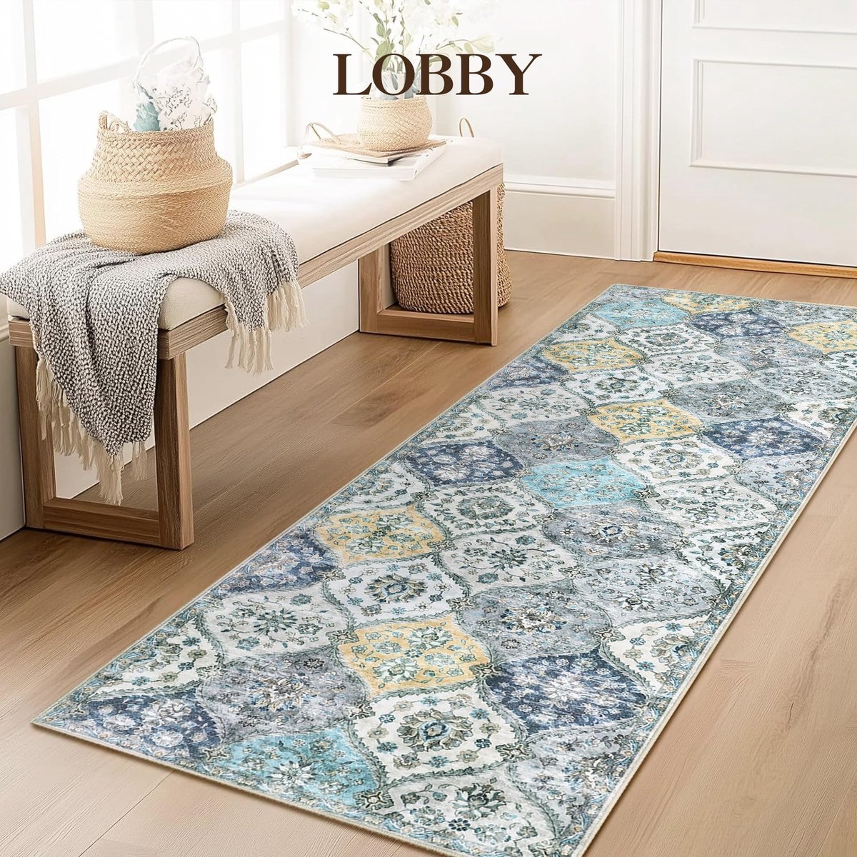 Gangloper - 80x150cm - Wasbare boho-tapijten antislip laagpolig opvouwbaar bloemenpatroon voor binnen - Blauwgeel