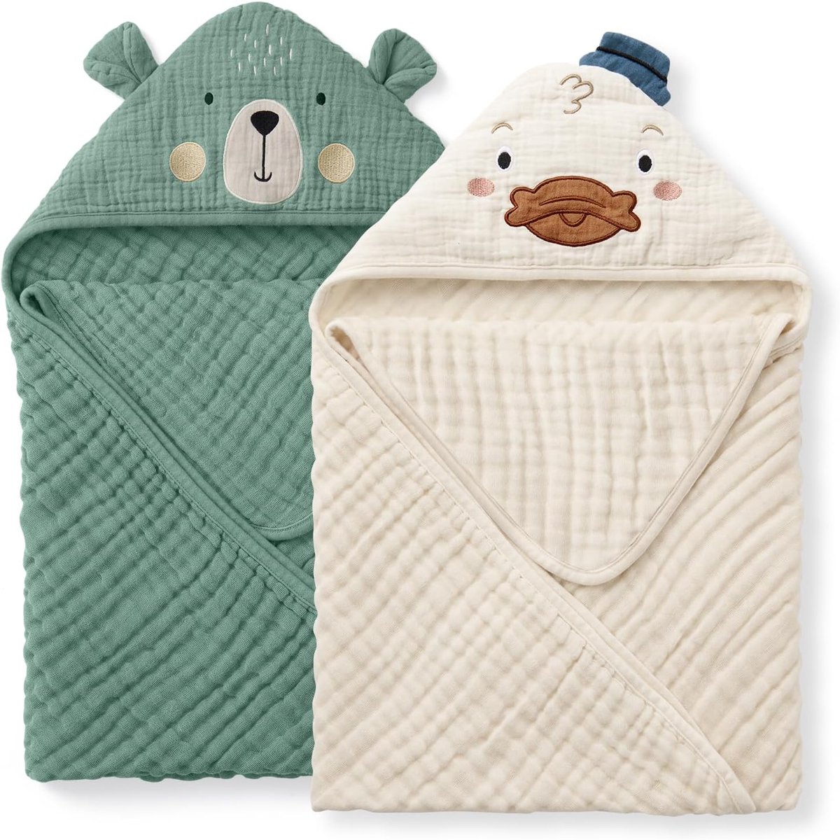 SnelShoppen - 2-Pack Baby Badhanddoeken Met Capuchon, Extra Zacht Mousseline Katoen, 81x81 cm, Absorberend, Sneldrogend, Ideaal Voor Pasgeboren Baby's
