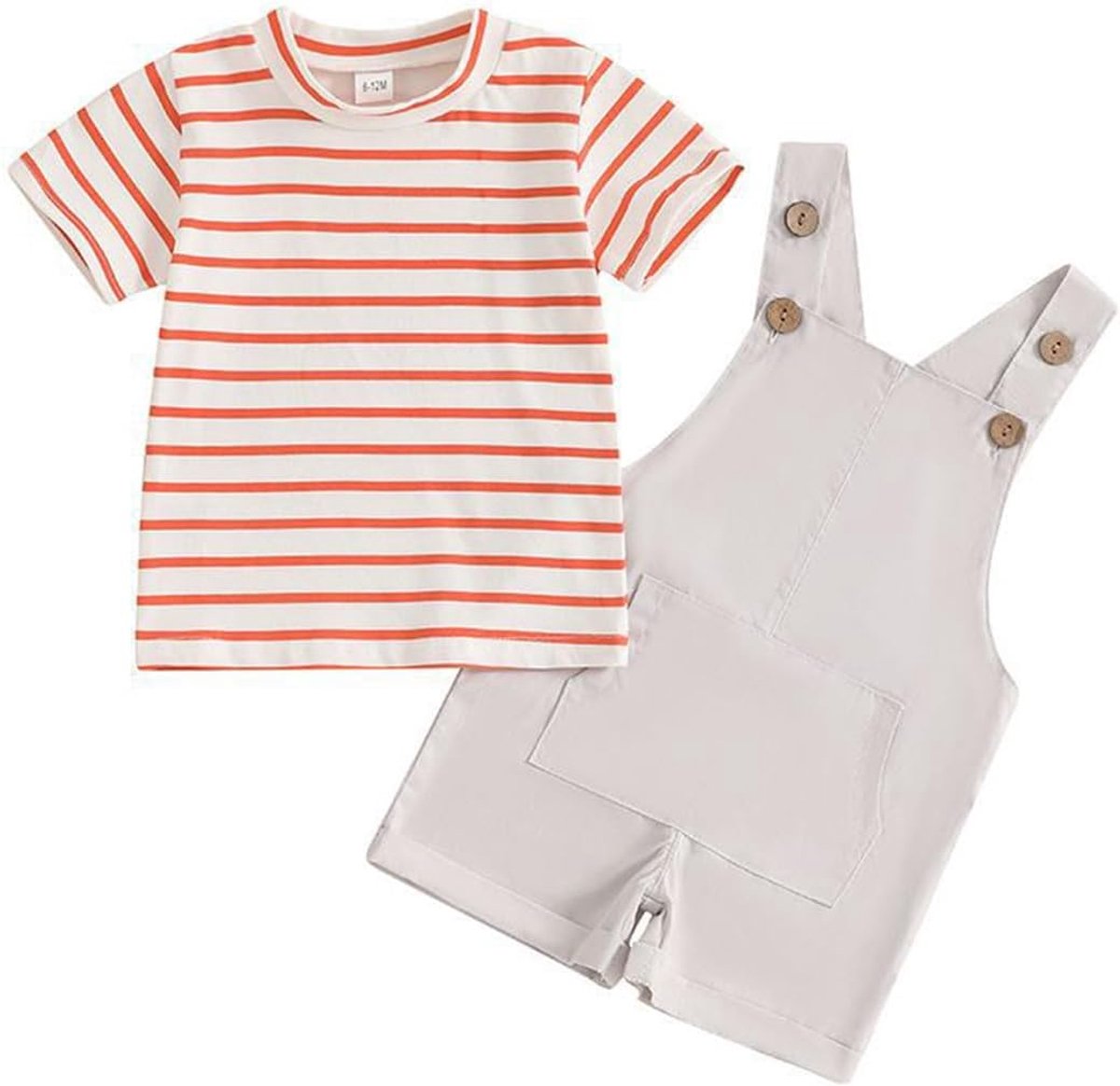 SnelShoppen - Babykleding jongens korte mouwen poloshirt met contrasterende kraag + casual eenkleurige tuinbroek, 2-delige lente/zomer outfit voor kin