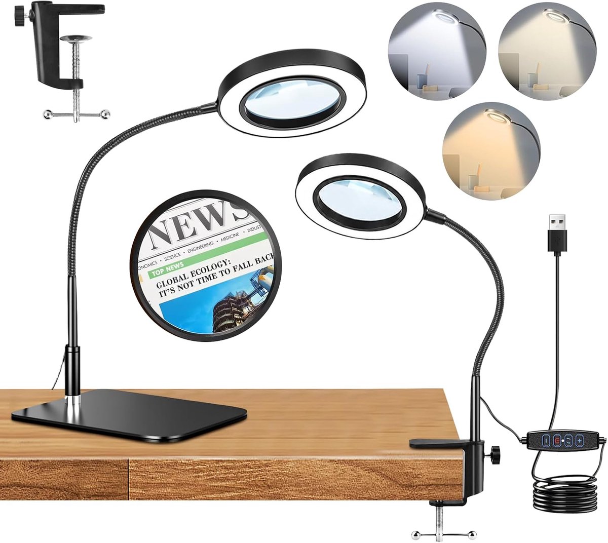 SnelShoppen - 10x Vergrootglas met LED Licht voor Lezen, Knutselen, Reparaties - Tafelvergrootglas met Flexibele Arm, 3 Temperatuurstanden, 9 Helderhe