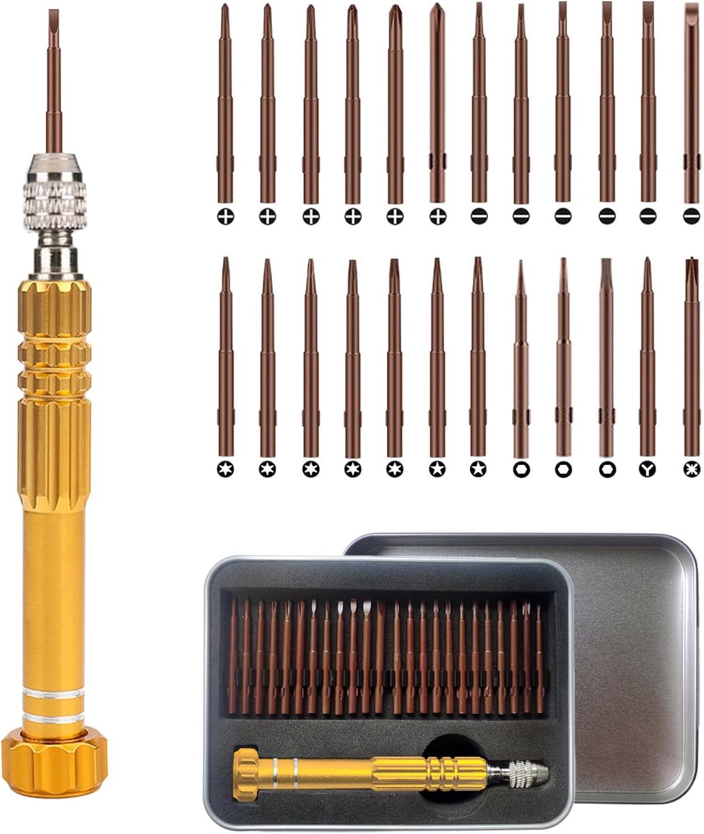 SnelShoppen - 24-in-1 Mini Schroevendraaierset - Precisie Miniatuurschroevendraaiers voor Horloges, Brillen, Sieraden en Mobiele Telefoons - Gouden Se