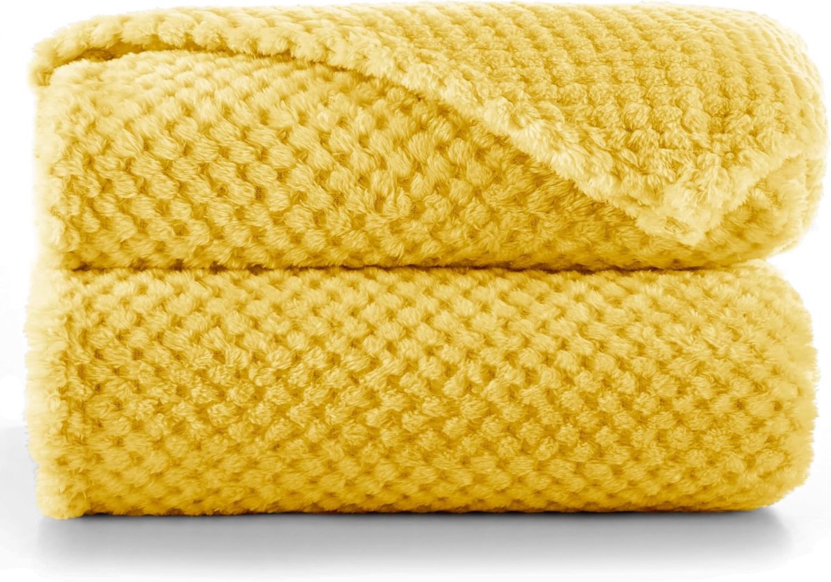 SnelShoppen - DecoKing Henry Knuffeldeken 70x150 cm Mosterdgeel - Zachte Microvezel Woondeken, Fleece Sprei voor Binnen en Buiten, Scandinavische Stij