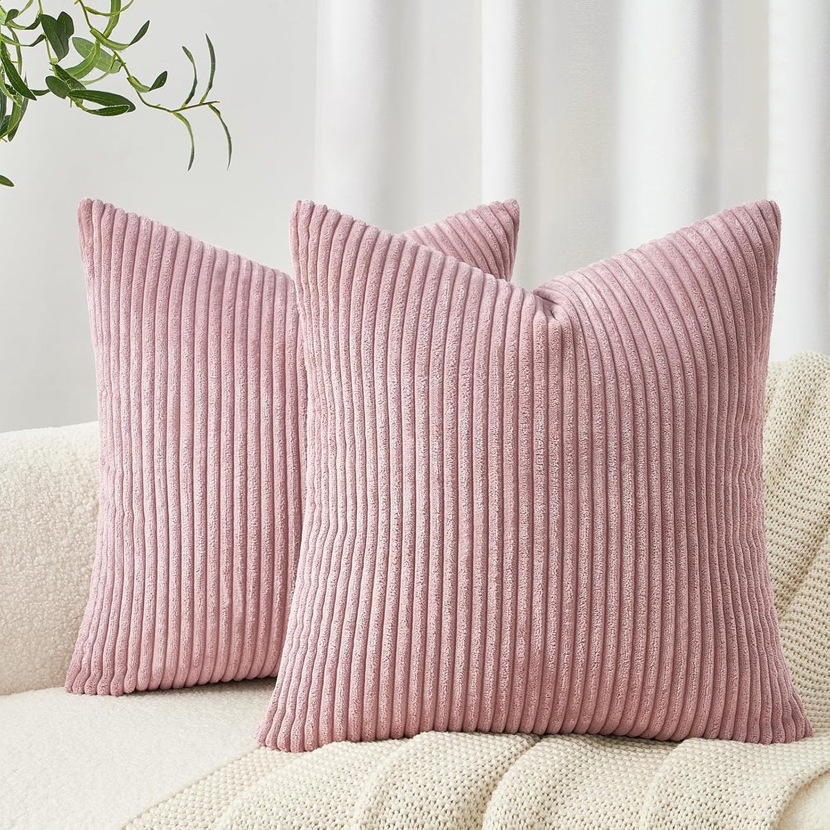 SnelShoppen - Kussensloop 40 x 40 cm set van 2, roze corduroy, gestreept patroon, sierkussen, decoratie voor woonkamer, slaapkamer, bankkussen, kussen