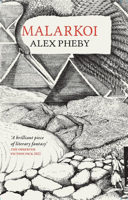 Boekcover van Malarkoi door Alex Pheby, met een zwart-witte tekening van een vogel en piramides.