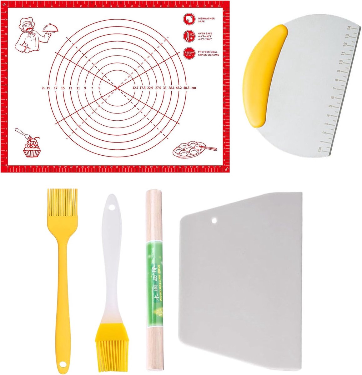 SnelShoppen - Silicone bakmat 60x80 cm set van 6 incl. deegroller, oliekwast & deegschraper - antislip bakmat met maatstrepen voor pizza, brood en fon