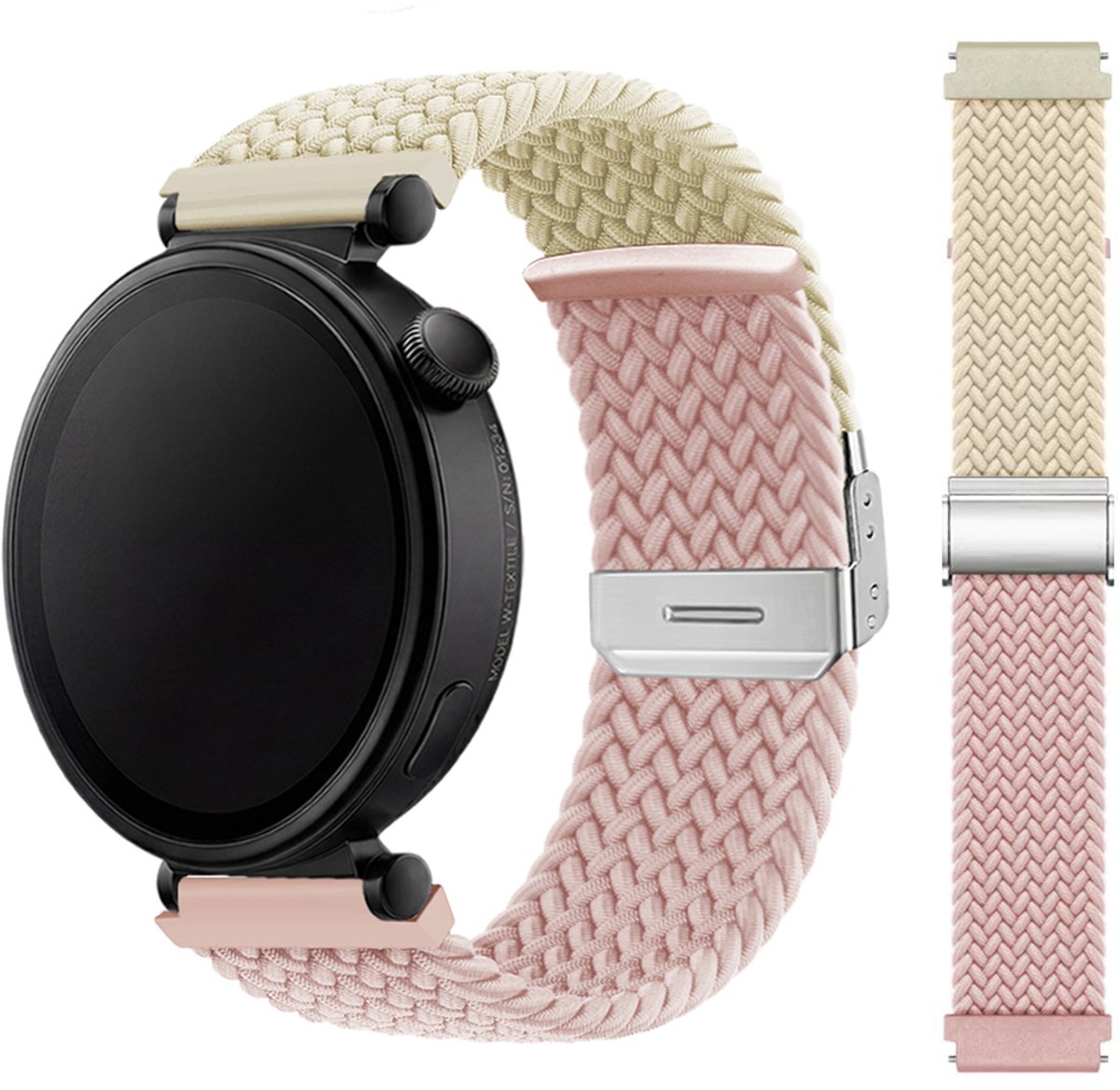 Stravo 18mm Gevlochten Nylon Bandje met Schuifsluiting – Geschikt voor Garmin Vivoactive 4S / Venu 2S / Venu 3S / Venu 4 (41mm) / Forerunner 255S / 265S – Compatibel met Huawei Watch GT 5 (42mm) / GT 5 Pro (42mm) / GT 6 (41mm) – Starlight / Roze