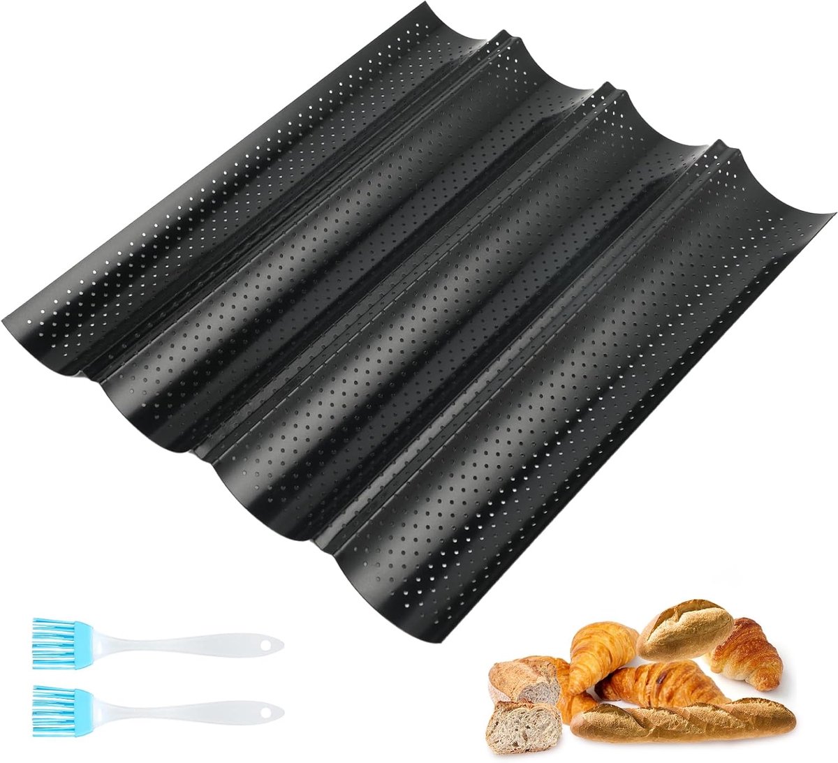 SnelShoppen - Baguette Bakvorm voor 4 Baguettes, Carbon Staal, 38 x 32.5 cm, Anti-aanbak Baguette Bakplaat voor Perfecte Resultaten, Inclusief 2 Silic